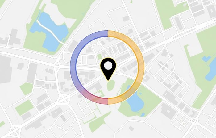Digital map with a highlighted circular boundary illustrating geofencing navigation in a clean, modern style.