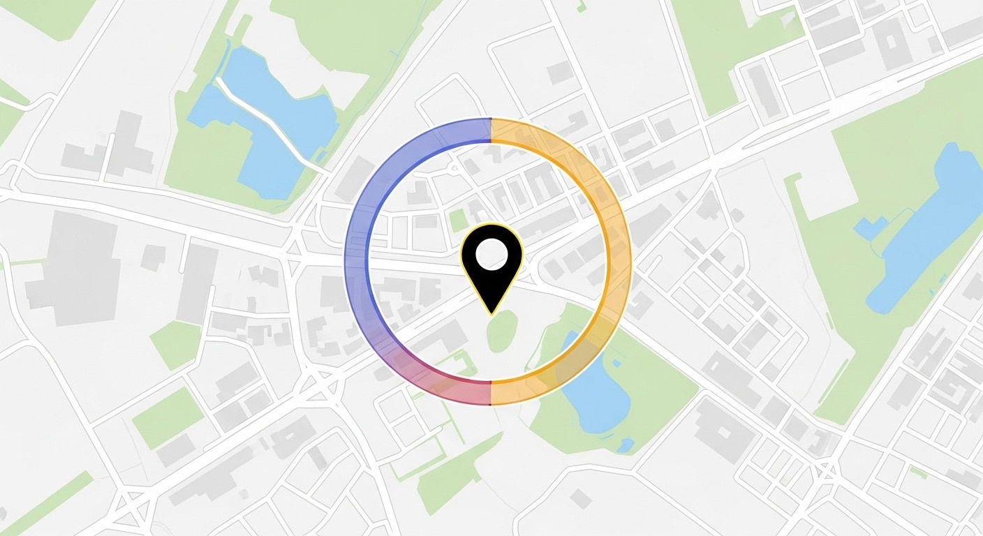 Digital map with a highlighted circular boundary illustrating geofencing navigation in a clean, modern style.