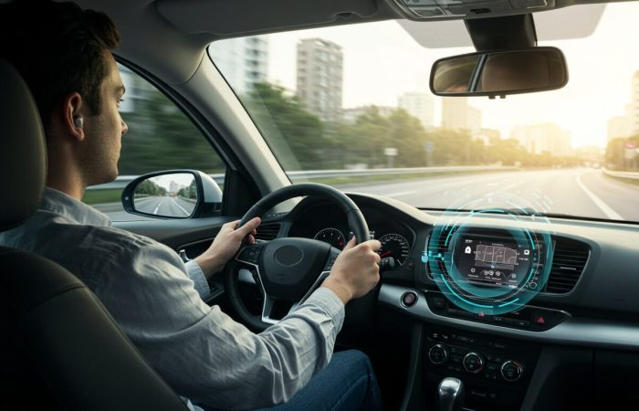 Driver focusing on the road while using voice-activated navigation, listening to spoken directions in a modern car interior during daylight.