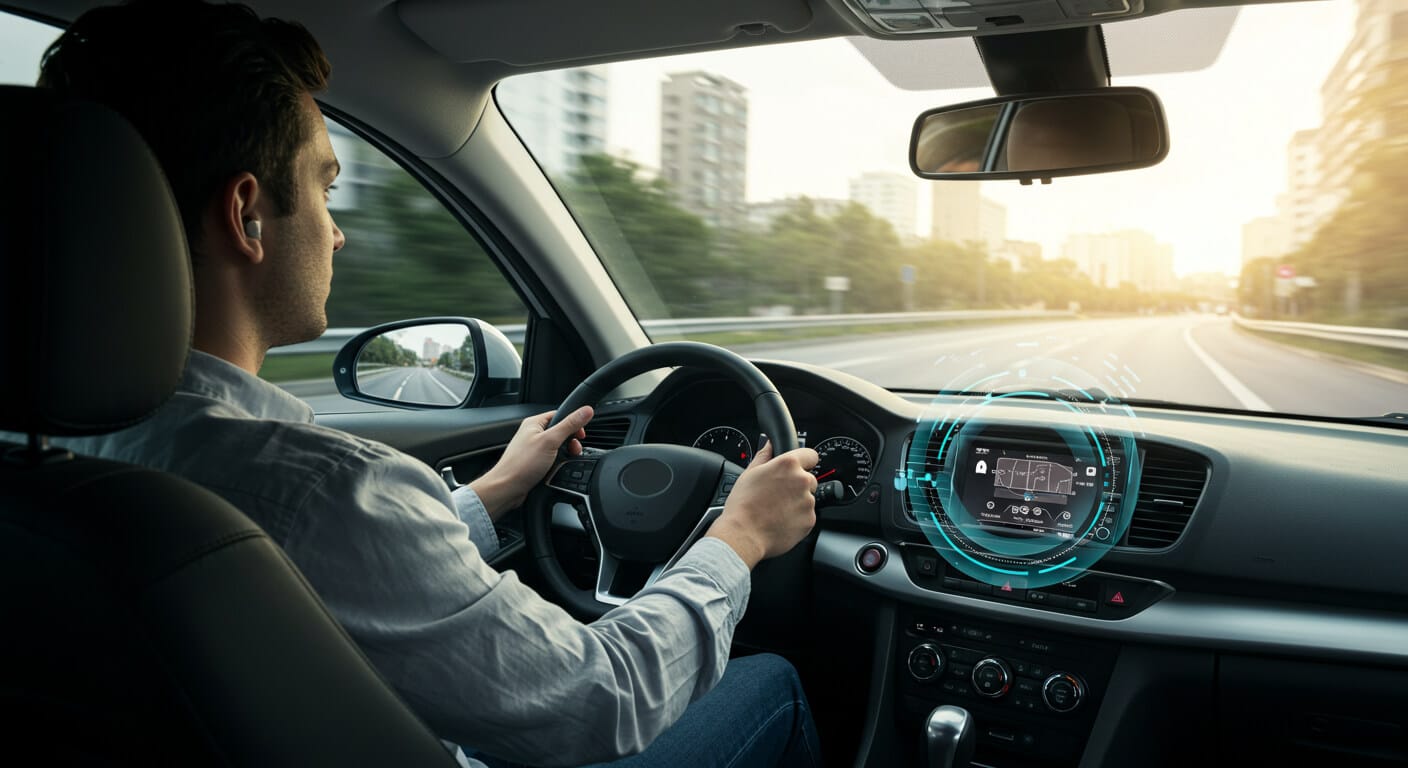 Driver focusing on the road while using voice-activated navigation, listening to spoken directions in a modern car interior during daylight.