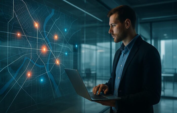 A futuristic control room overlooking a glowing city grid at dusk, symbolizing integration for business through real-time data and mapping. Holographic map displays blend with city lights, reflecting precision and adaptability.