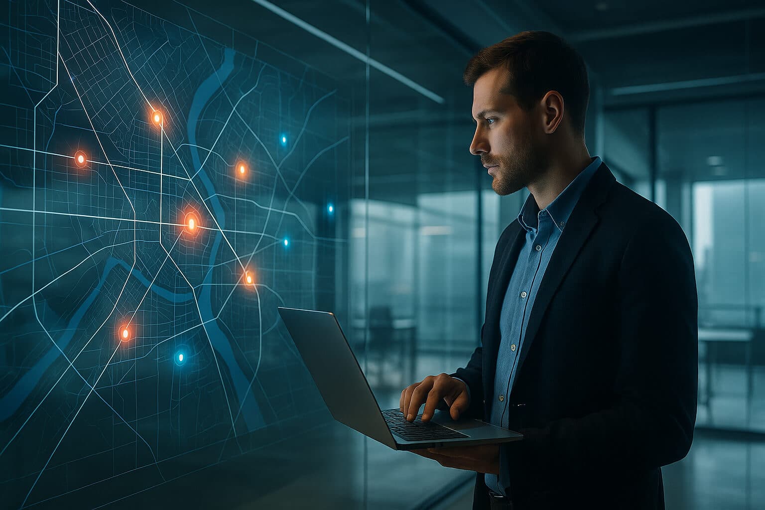A futuristic control room overlooking a glowing city grid at dusk, symbolizing integration for business through real-time data and mapping. Holographic map displays blend with city lights, reflecting precision and adaptability.