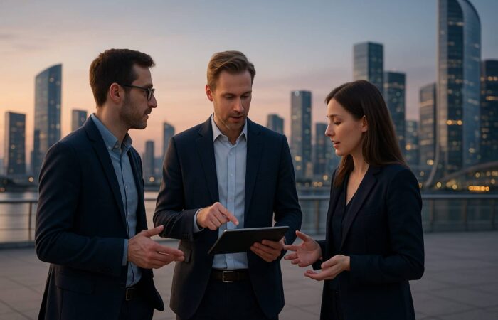 Three professionals stand on a modern terrace at dusk, engaged in discussion over a tablet with a futuristic city skyline glowing in the background, symbolizing DePIN project collaboration and forward-looking teamwork in building decentralized infrastructure.