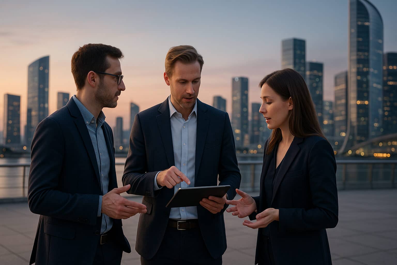 Three professionals stand on a modern terrace at dusk, engaged in discussion over a tablet with a futuristic city skyline glowing in the background, symbolizing DePIN project collaboration and forward-looking teamwork in building decentralized infrastructure.