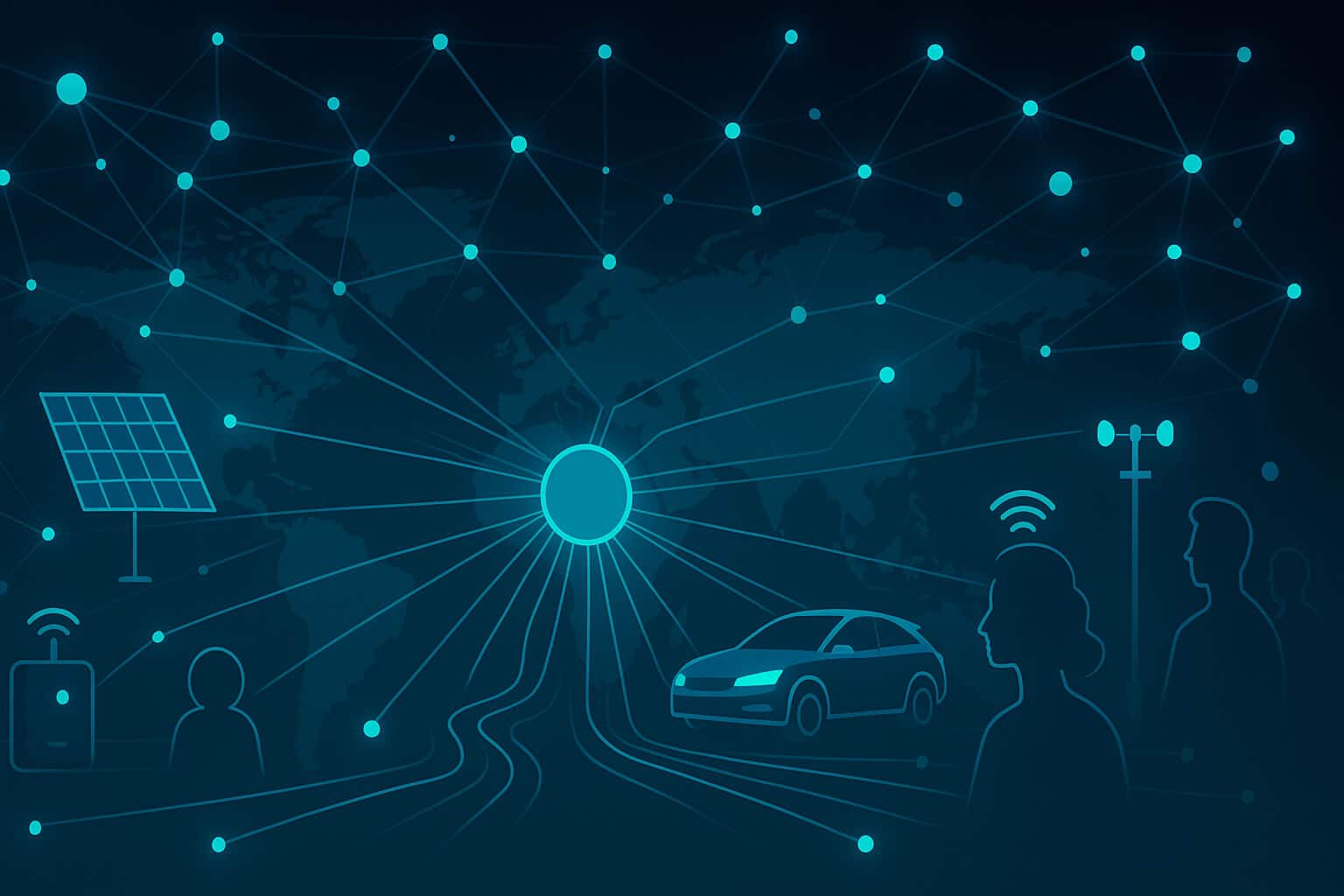 Illustration of DePIN project collaboration with connected devices, vehicles, and sensors across a global network.