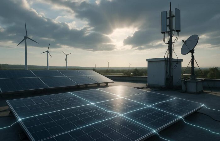 A cinematic rooftop view with solar panels and antennas reflecting morning light, symbolizing energy sharing and connectivity. The scene metaphorically represents DePIN adoption, showing how decentralized infrastructure integrates seamlessly into real-world environments.