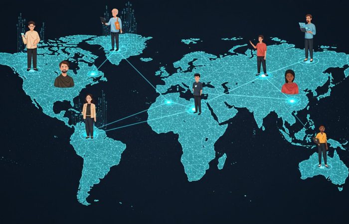 People from diverse regions sharing data through a decentralized network, illustrating global DePIN adoption.