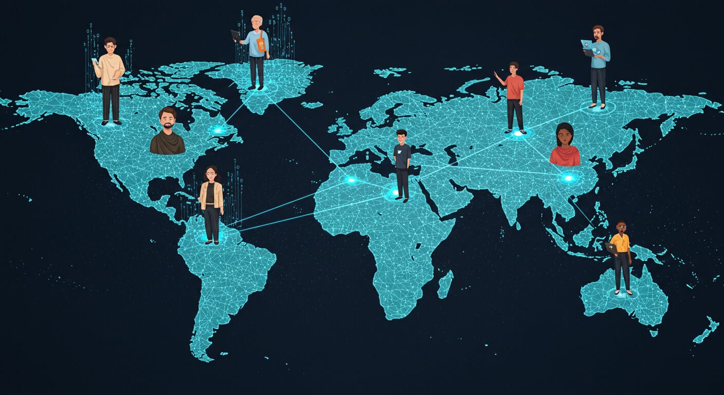 People from diverse regions sharing data through a decentralized network, illustrating global DePIN adoption.