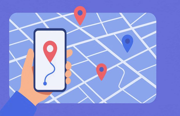 A stylized vector illustration of a smartphone displaying a navigation route, with map pins on a digital map, representing the Map to Earn concept.