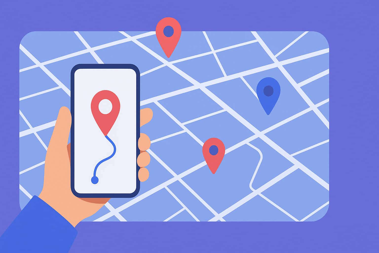 A stylized vector illustration of a smartphone displaying a navigation route, with map pins on a digital map, representing the Map to Earn concept.