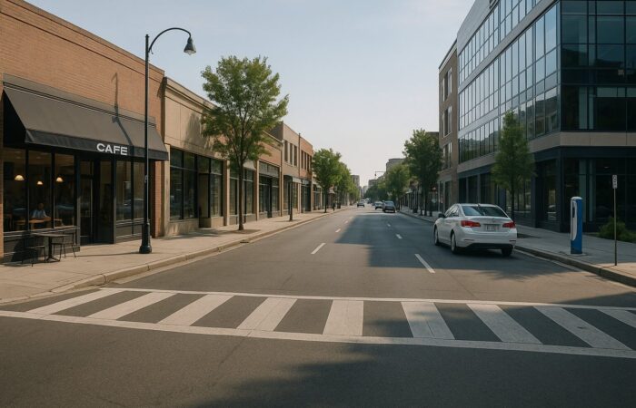 A modern city street with visible points of interest like a café, EV charging station, and office buildings. The scene reflects how hyper-local data enhances real-world navigation and mapping accuracy.
