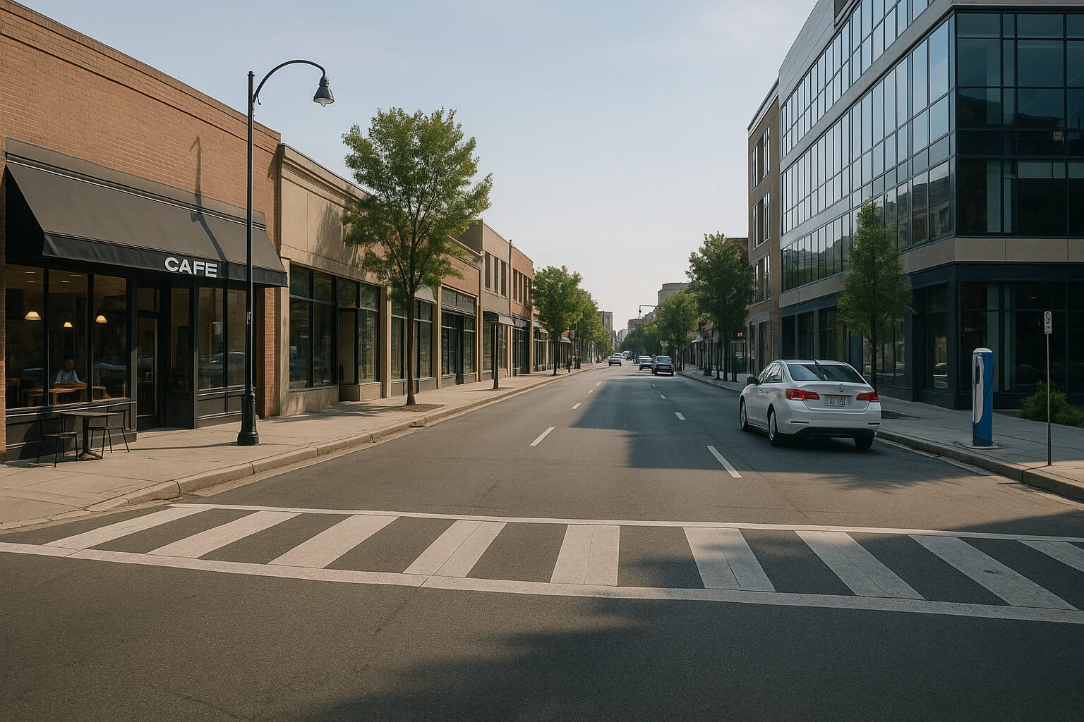 A modern city street with visible points of interest like a café, EV charging station, and office buildings. The scene reflects how hyper-local data enhances real-world navigation and mapping accuracy.