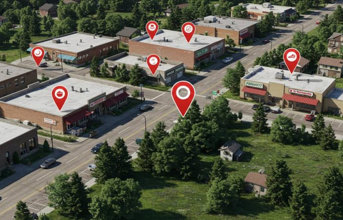 Photorealistic small town with red location pins marking a restaurant, grocery store, pharmacy, and park, visually representing hyper-local data.