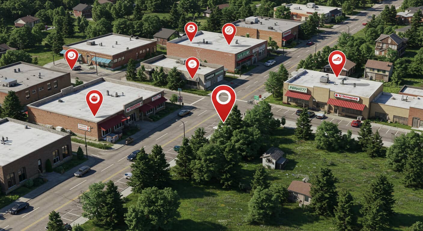Photorealistic small town with red location pins marking a restaurant, grocery store, pharmacy, and park, visually representing hyper-local data.