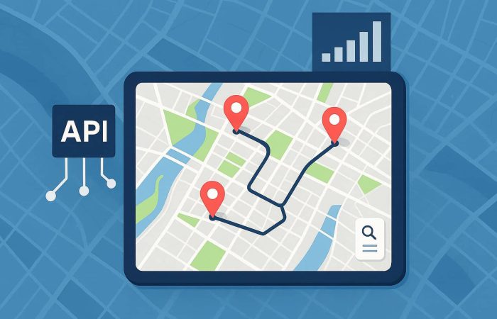 A tablet displays a city map with route lines and red location pins, symbolizing map integration for business. An API icon highlights connectivity, set against a stylized city grid background.
