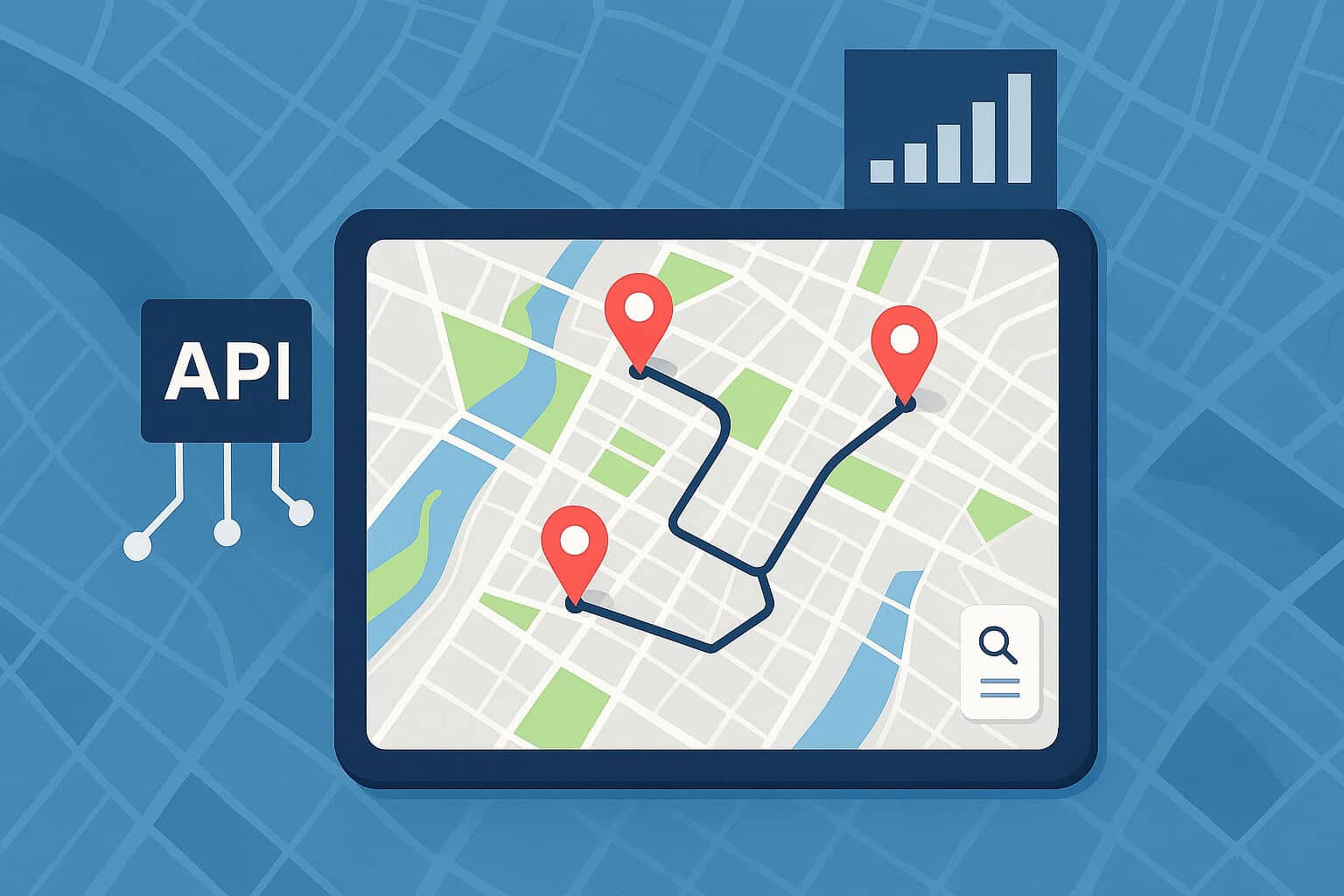A tablet displays a city map with route lines and red location pins, symbolizing map integration for business. An API icon highlights connectivity, set against a stylized city grid background.