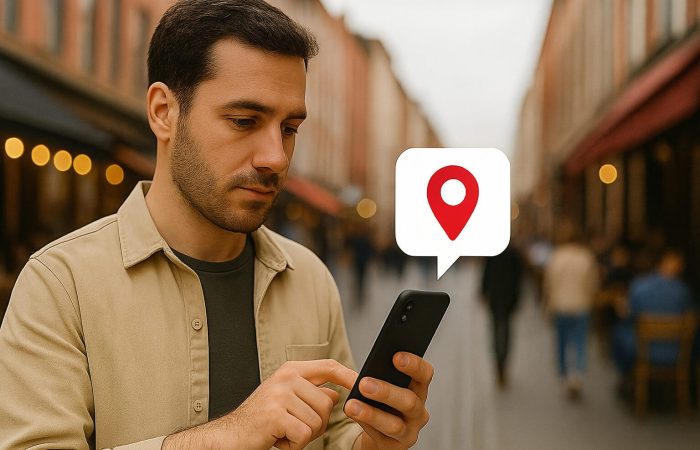 A man using his smartphone to add a location pin on a busy street, symbolizing Map to Earn contributions and rewards.