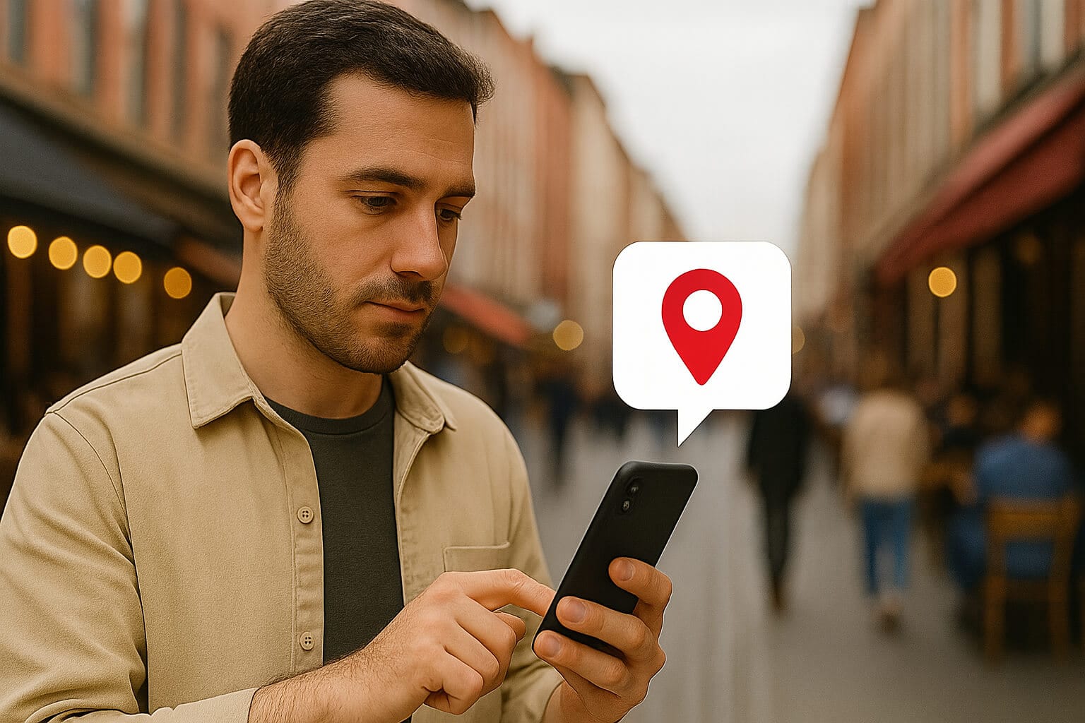 A man using his smartphone to add a location pin on a busy street, symbolizing Map to Earn contributions and rewards.