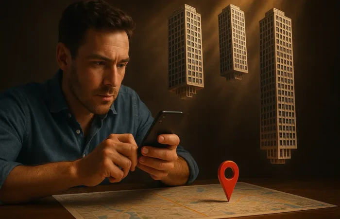 A man in his 30s wearing a blue shirt sits at a table, holding a smartphone while staring intently at a map. Above the map, several tall skyscrapers appear to be falling from the sky, digitally rendered as if being imported into the map. A large red map location pin is positioned on the map in the foreground, with dramatic warm lighting emphasizing the surreal scene.