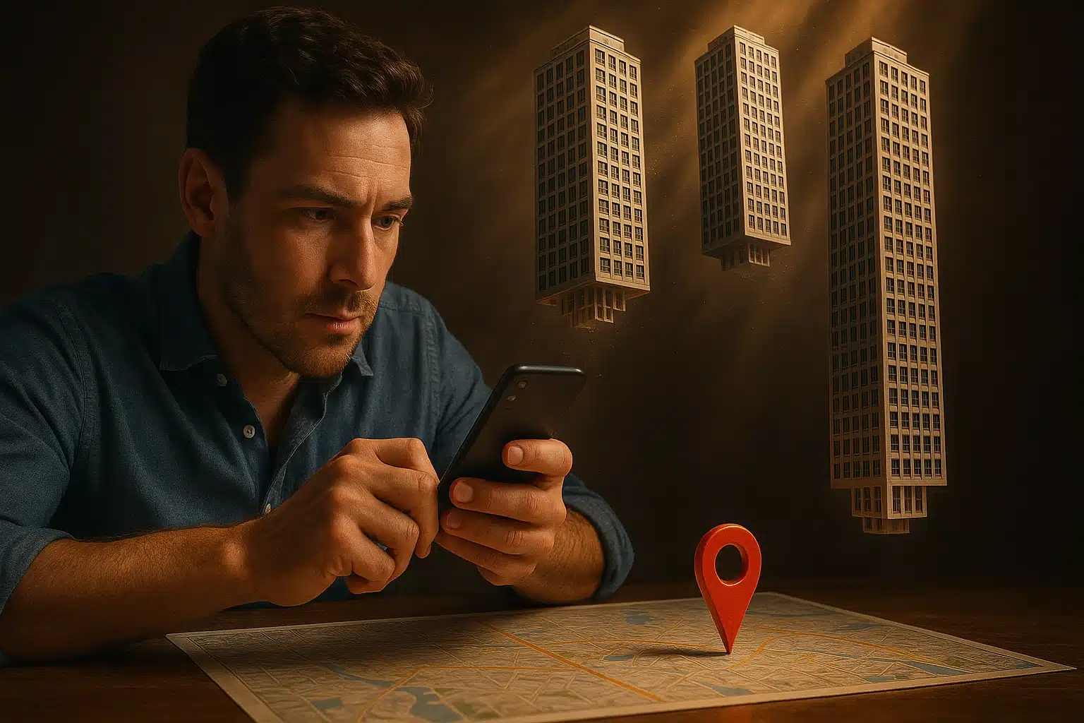 A man in his 30s wearing a blue shirt sits at a table, holding a smartphone while staring intently at a map. Above the map, several tall skyscrapers appear to be falling from the sky, digitally rendered as if being imported into the map. A large red map location pin is positioned on the map in the foreground, with dramatic warm lighting emphasizing the surreal scene.