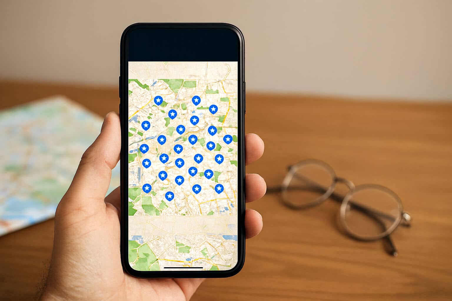 A hand holds a smartphone displaying a map filled with blue markers highlighting Points of Interest(POIs)