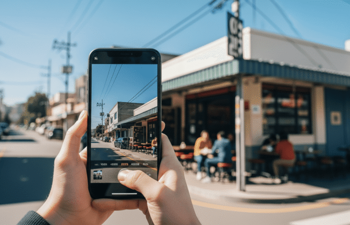 A person takes a smartphone photo of a roadside restaurant with customers sitting outside under a clear blue sky, illustrating how places are added as POIs in MapMetrics Hub.