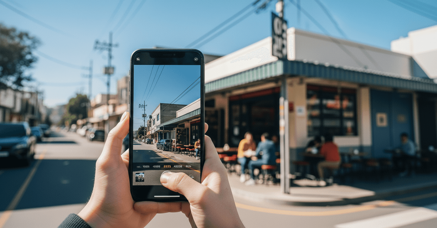 A person takes a smartphone photo of a roadside restaurant with customers sitting outside under a clear blue sky, illustrating how places are added as POIs in MapMetrics Hub.